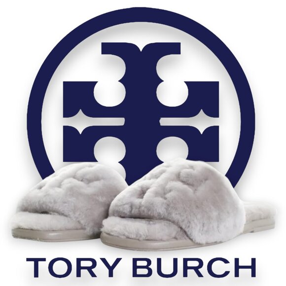 Double T Logo Shearling Slide by Tory Burch - Picture 1 of 13